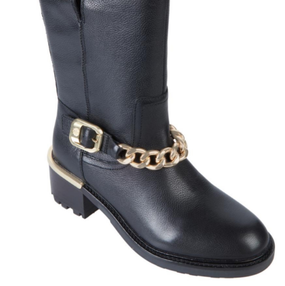 New Black Leather Vince Camuto Moto Boot Chains 6.5M 8M 8.5M 9M Womens